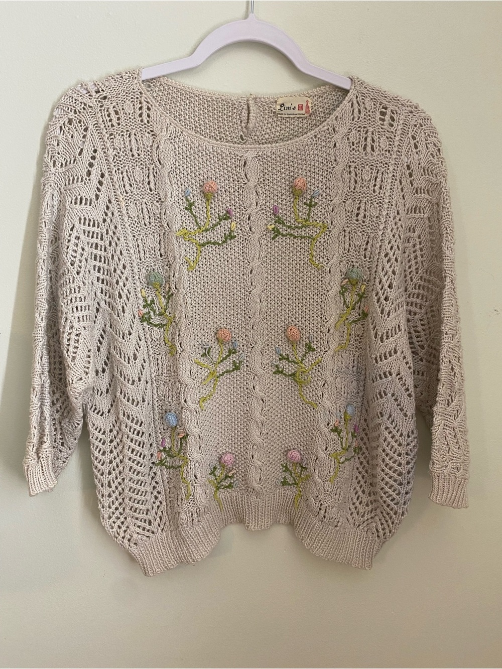 Vintage Lim’s Hand Knit Crochet Sweater in Cream with Pastel Floral Embroidery